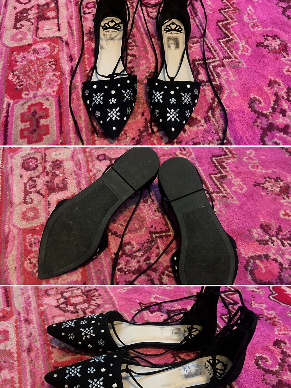 Fergalicious by Fergie Black Lace-Up Flats with crystal Beaded Accents SIZE 11 🖤